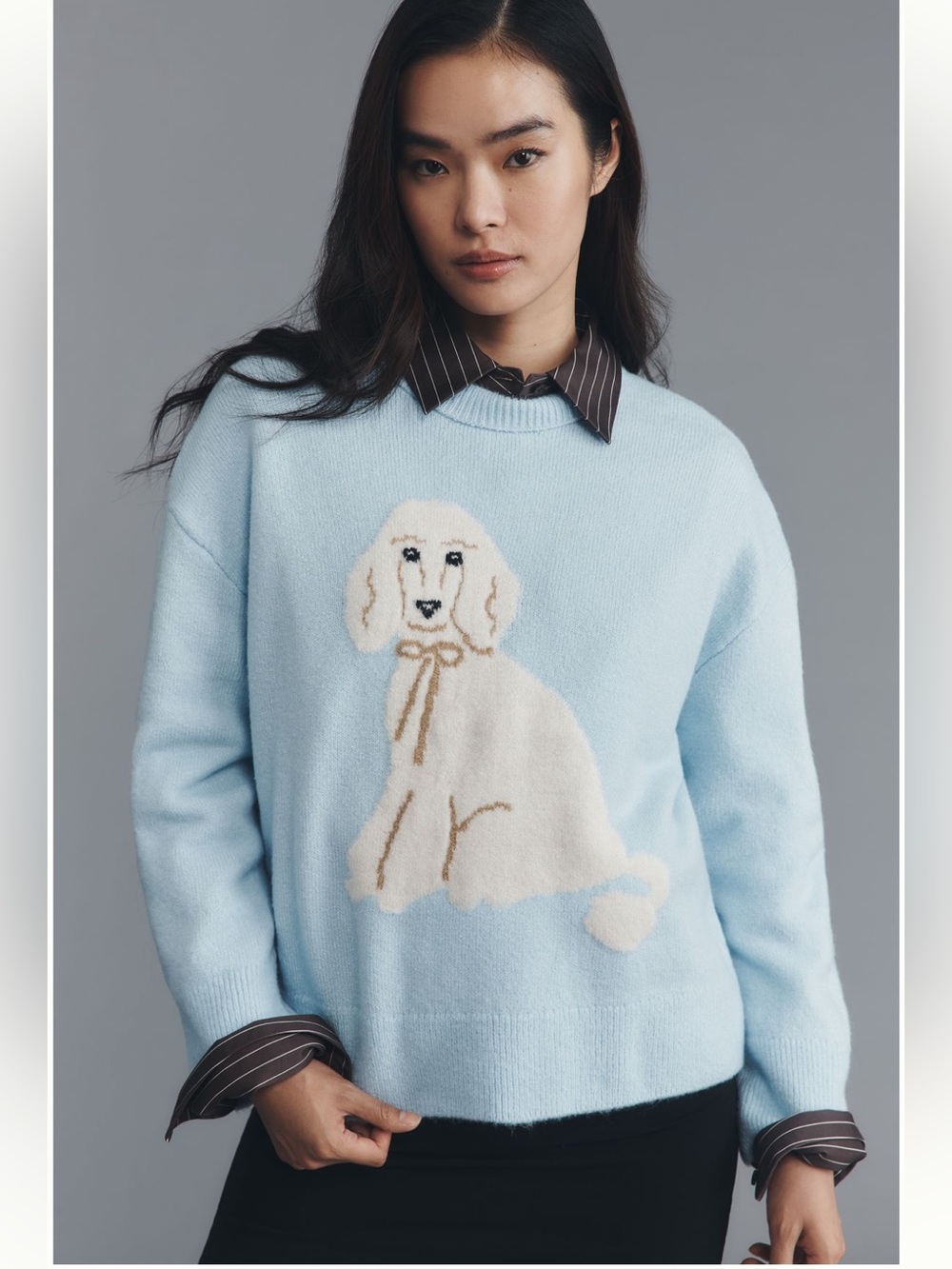 Maeve for Anthropologie Crew-Neck Dog Icon Pullover Sweater, poodle, blue, NWT